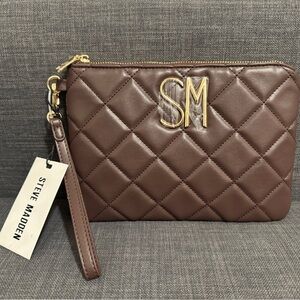 Steve Madden Quilted Brown Wristlet with Gold Accents